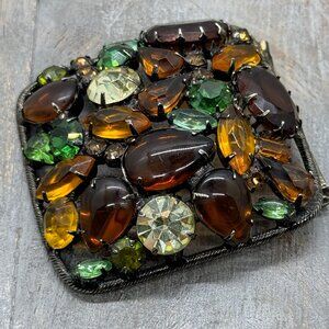 Vintage Schreiner Style Domed Square Chunky Rhinestone Brooch Browns Gold Green